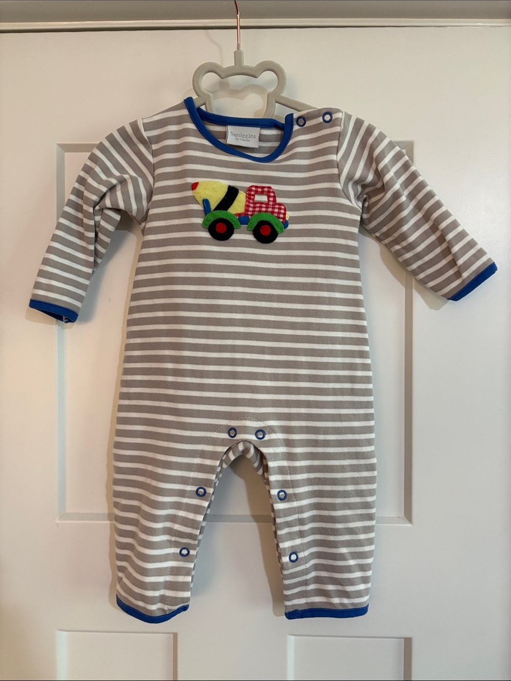 Squiggles by Charlie Striped Grey & White One-Piece with Truck Applique 3-6M